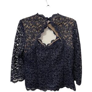 NWT Alex Evenings Women's Long Sleeve Blouse MESH Sequin Laced Navy Size Large